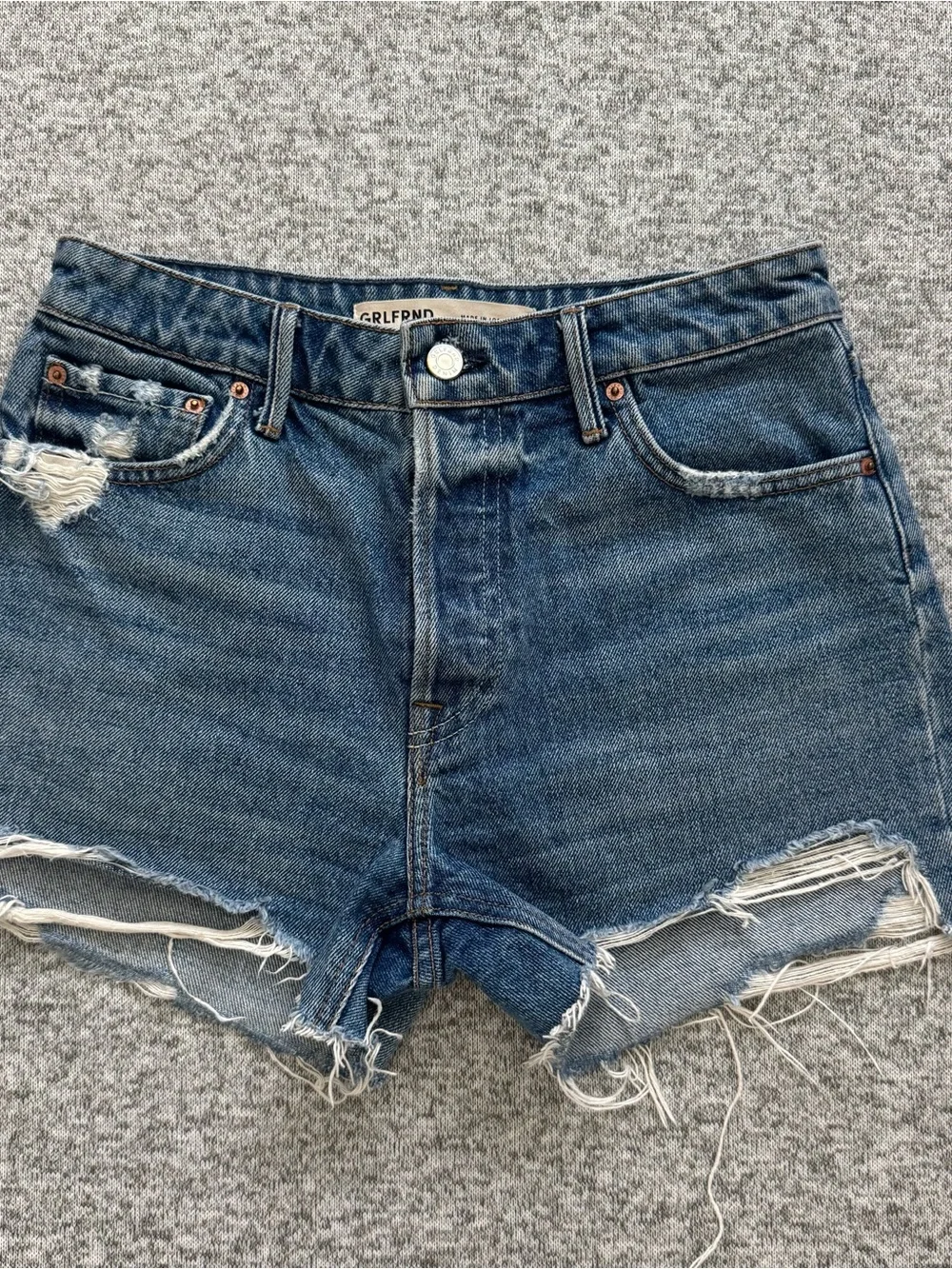 GRLFRND Raw-Hem Distressed Blue Denim Shorts